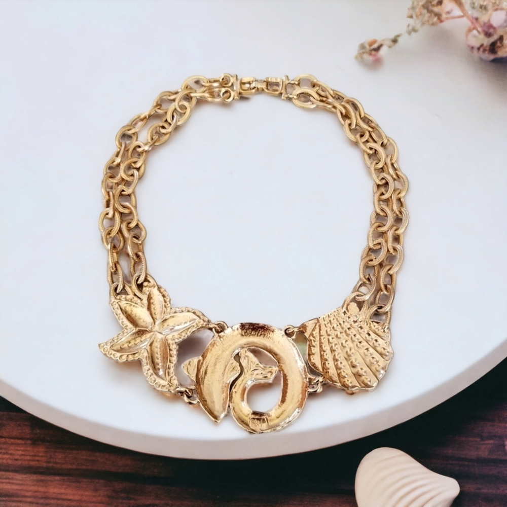 Vintage Diane Von Furstenberg Couture Gold Tone Nautical Statement Necklace